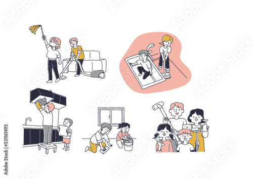 家族総出で大掃除をしている人々のイラスト　コミカルな手書きの人物　ベクター、線画にカラー