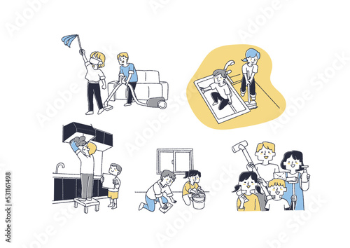 家族総出で大掃除をしている人々のイラスト　コミカルな手書きの人物　ベクター、線画にカラー