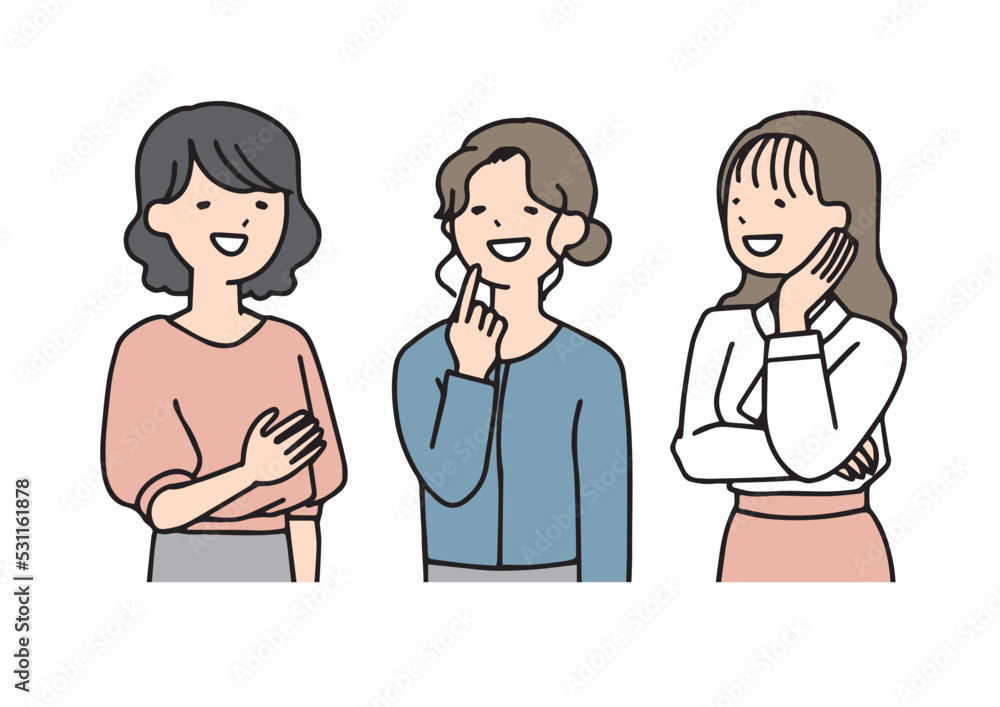 楽しく会話する三人の女性　シンプルな線の人物イラスト