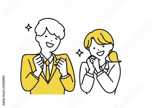とても喜んでいるビジネスマンの男女　シンプルな線の人物イラスト