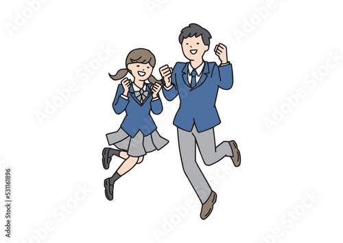 元気な男子学生と女子学生　シンプルな線の人物イラスト
