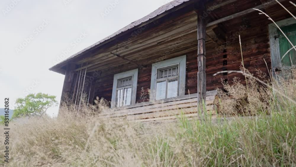 Old wooden of hutsul house on meadow of Carpathian Mountains. Authentic eco living of shepherd in herd koliba village. XIX century buildings in Easter Europe. Old wooden of hutsul house on meadow of Carpathian Mountains. Authentic eco living of shepherd in herd koliba village. XIX century buildings in Easter Europe.