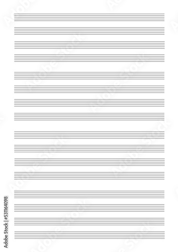 Blank sheet of music paper with empty staff lines for notation of musical notes, four lines per system, for quartet (portrait)