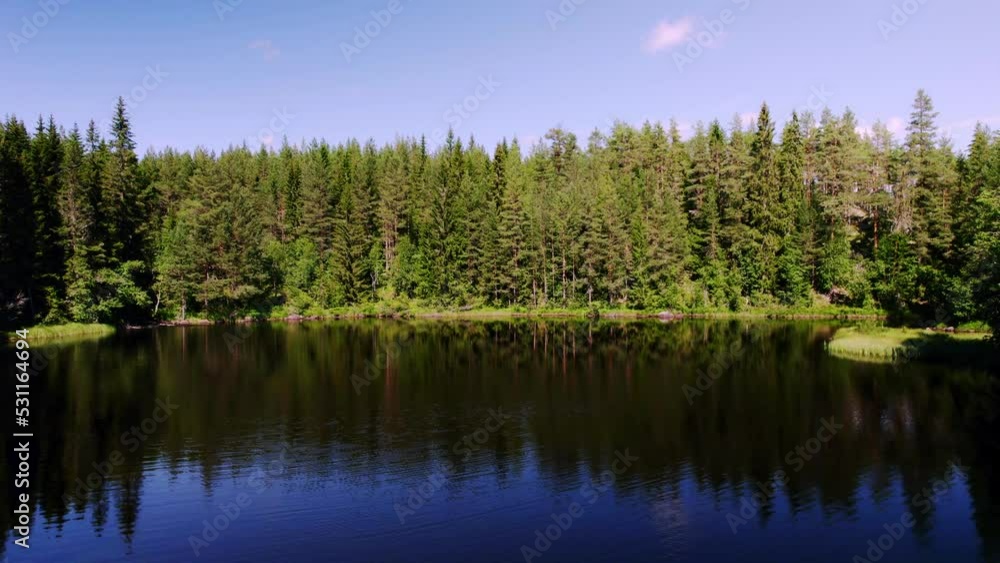Sweden Aerial view over a peaceful clear freshwater mountain forest lake with pine trees and spruce, above a beautiful panoramic view of pristine forest and mountains with white clouds and blue sky Sweden Aerial view over a peaceful clear freshwater mountain forest lake with pine trees and spruce, above a beautiful panoramic view of pristine forest and mountains with white clouds and blue sky