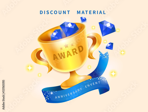 A rewarding gold trophy for game victory, with the nobility of ribbons and luxurious blue gems.