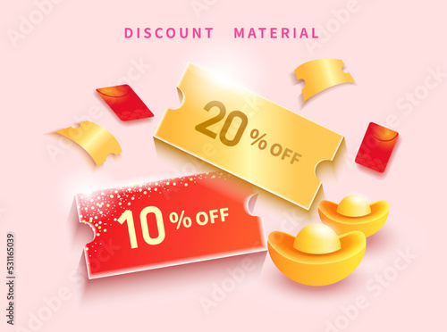 Gift voucher combo promo template, discount coupon with chinese ingot and red envelope decoration
