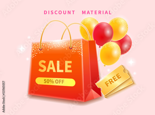 3d promotion anniversary advertising discount banner. Red shopping bag and celebration balloons.