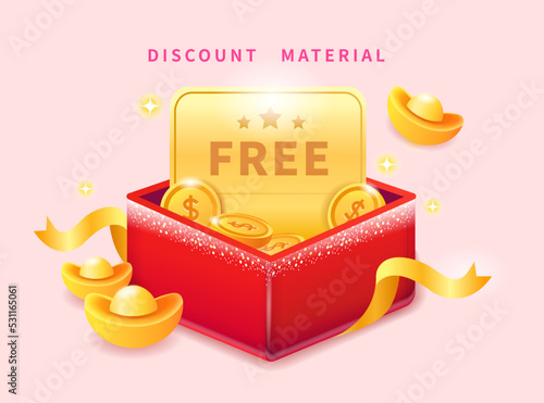3d Cartoon Chinese New Year elements including golden free gift roll and ingot and coins gift box.