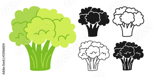 Broccoli cartoon linear symbol set, doodle style, engraving silhouette. Fresh stem broccoli vegetable icon organic healthy food design. Harvest agricultural vegetarian kitchen, farm market menu vector