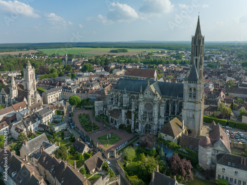 Aerial view of medieval town center of Senlis with Gothic cathedral and roman walls