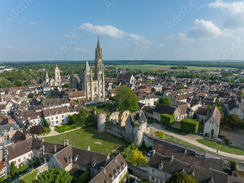 Aerial view of medieval town center of Senlis with Gothic cathedral and roman walls photo