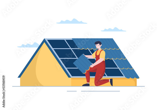 Roofing Construction Workers Template Hand Drawn Cartoon Flat Illustration with Housetop Renovation, Fixing Rooftop Tile House and Roof Reconstruction