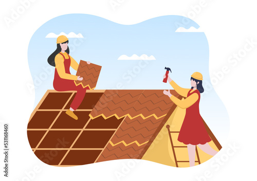 Roofing Construction Workers Template Hand Drawn Cartoon Flat Illustration with Housetop Renovation, Fixing Rooftop Tile House and Roof Reconstruction