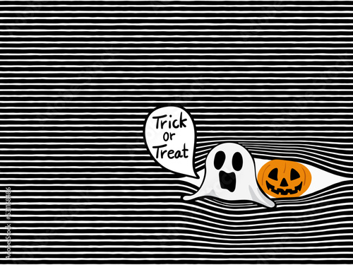 simple hand drawing black bold horizontal lines with peeking cartoon seamless pattern; ghost and jack o' lantern halloween theme for background, texture, wallpaper, banner, label etc. vector design