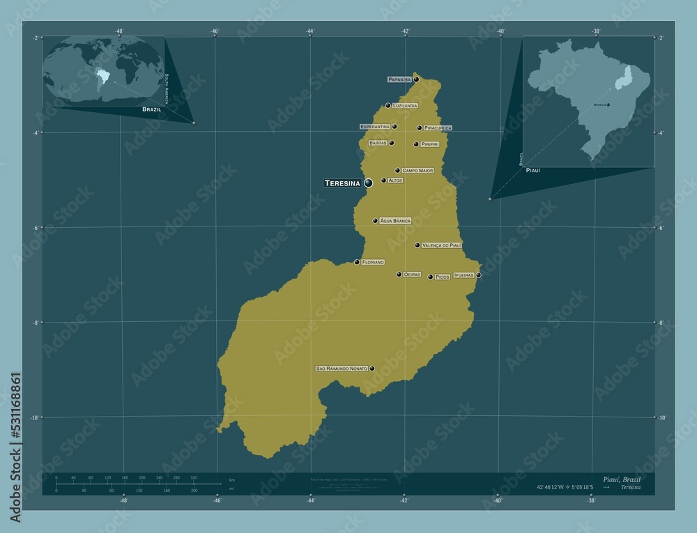 Piaui, Brazil. Solid. Labelled points of cities Piaui, Brazil. Solid. Labelled points of cities