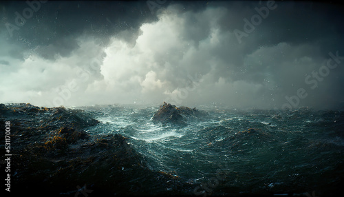 Spectacular background image of stormy ocean with rough and danger wave. Dark sky and cloudy. Digital art 3D illustration. © Summit Art Creations
