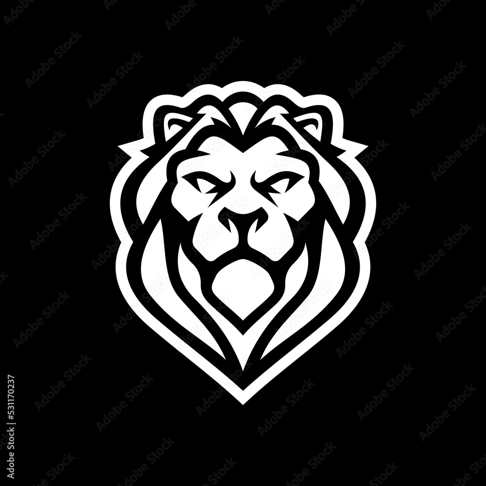 Lion head line art or silhouette logo design. Lion face vector illustration on dark background