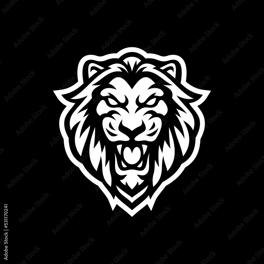 Angry roaring lion head line art or silhouette logo design. Lion face vector illustration on dark background Angry roaring lion head line art or silhouette logo design. Lion face vector illustration on dark background