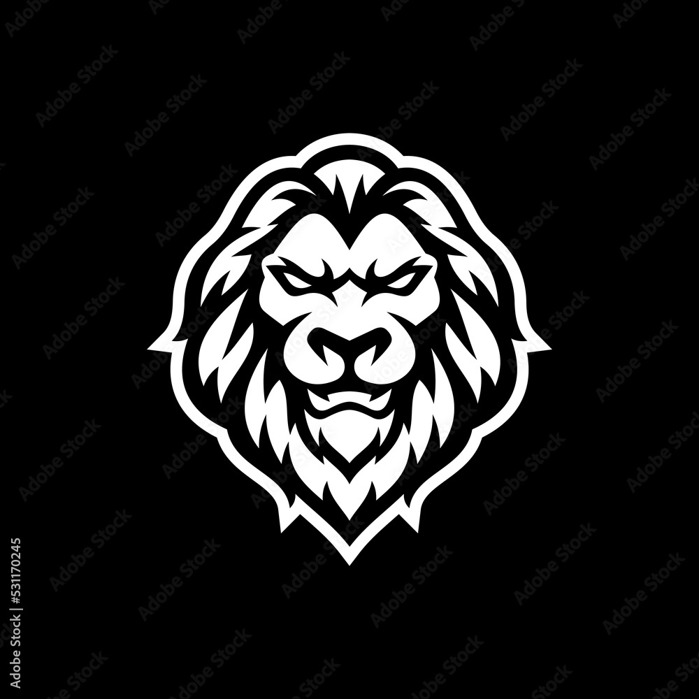 Fototapeta premium Angry roaring lion head line art or silhouette logo design. Lion face vector illustration on dark background