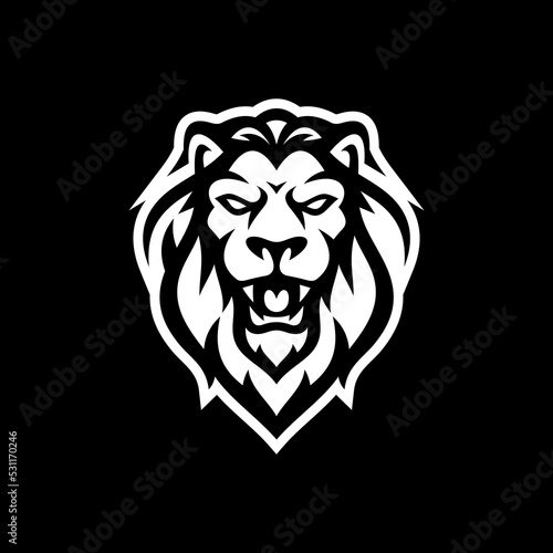 Angry roaring lion head line art or silhouette logo design. Lion face vector illustration on dark background