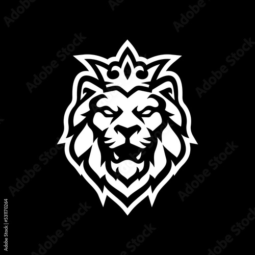 Lion king line art or silhouette logo design. Lion head with crown vector illustration on dark background	
