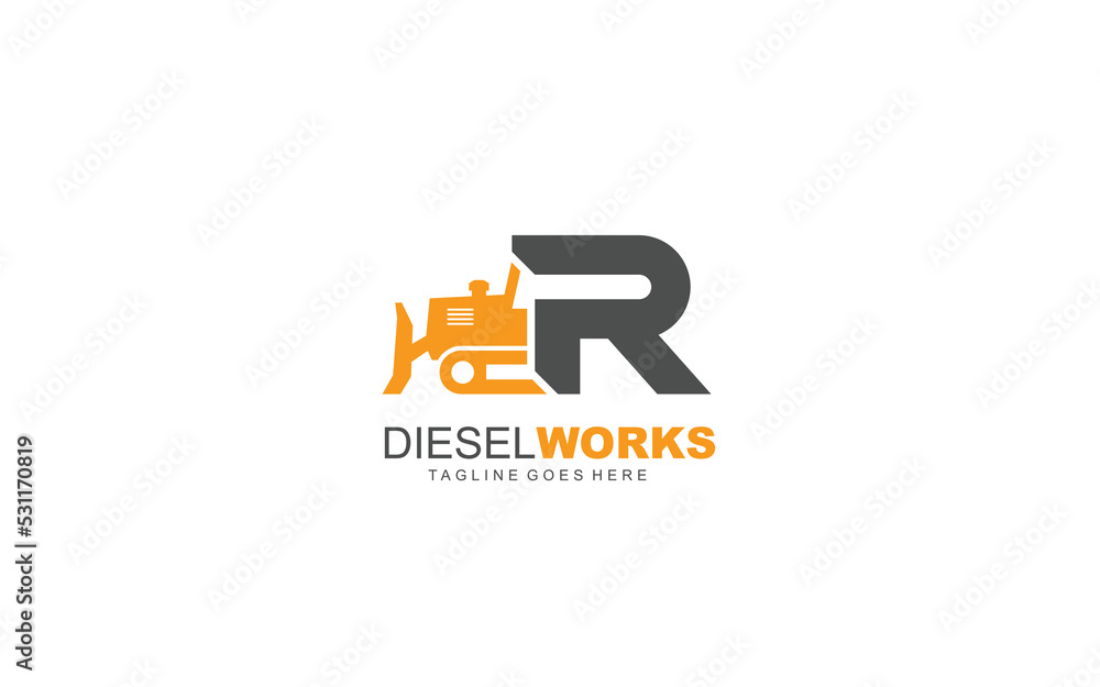 R logo excavator for construction company. Heavy equipment template vector illustration for your brand.