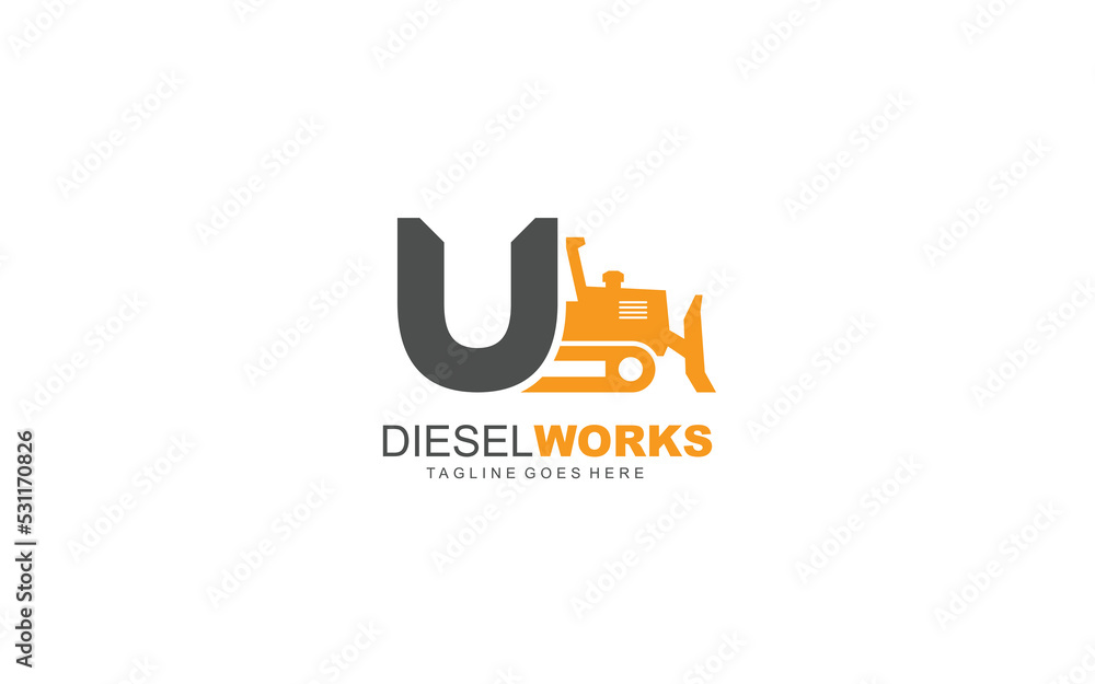U logo excavator for construction company. Heavy equipment template vector illustration for your brand.