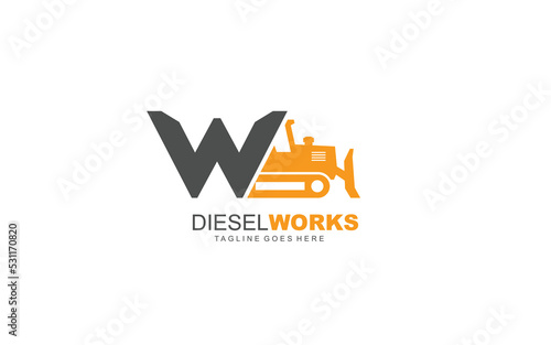 W logo excavator for construction company. Heavy equipment template vector illustration for your brand.