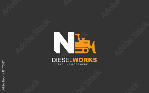 N logo excavator for construction company. Heavy equipment template vector illustration for your brand.
