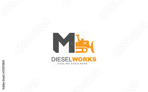 M logo excavator for construction company. Heavy equipment template vector illustration for your brand.