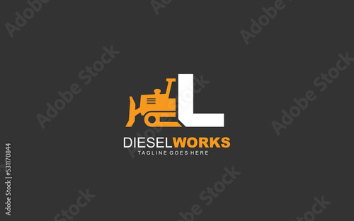 L logo excavator for construction company. Heavy equipment template vector illustration for your brand.