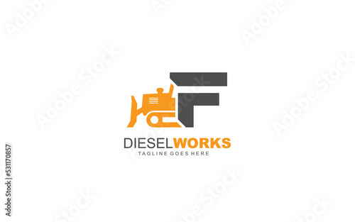 F logo excavator for construction company. Heavy equipment template vector illustration for your brand.