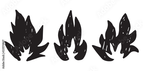 Hand drawn fire icons. Fire Flames Icons Vector Set. Hand Drawn Doodle Sketch Fire, Black and White Drawing. Simple fire symbol. © dadan