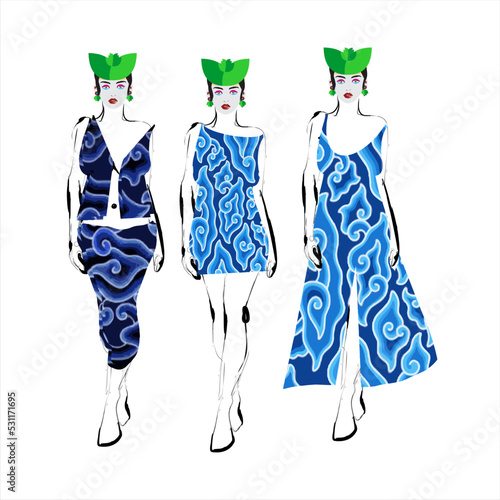 Hand sketch of a female model dressed in megomendung batik motif, Cirebon, Indonesia. This batik motif is in the form of a seven-color gradient cloud symbolizing the seven levels of the sky.