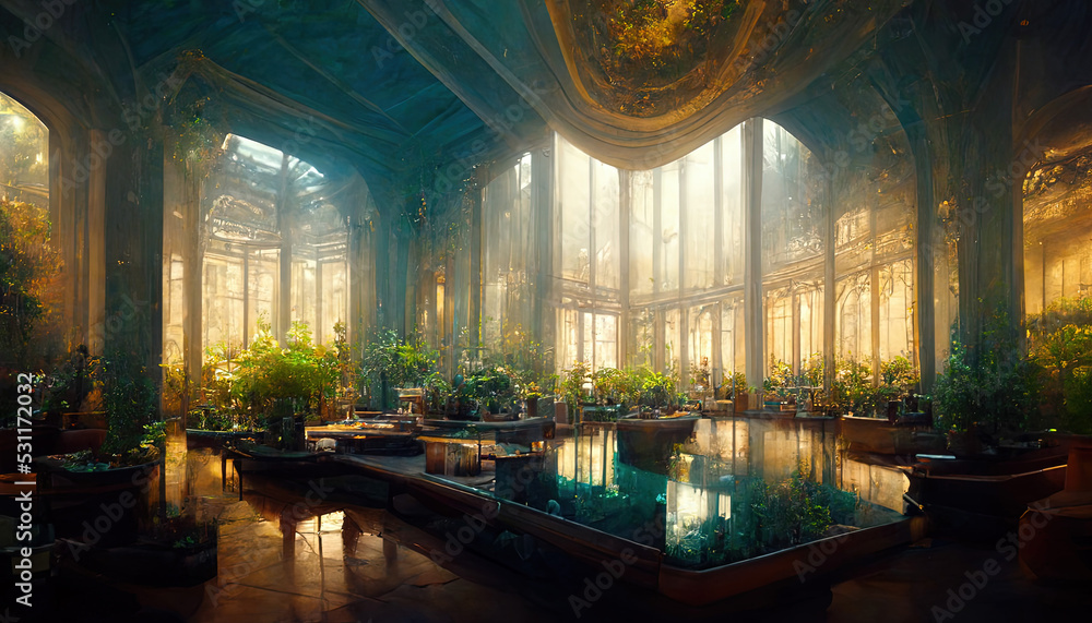 ภาพประกอบสต็อก Library Hall Room Interior with Windows and Light Ray