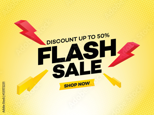 Flash sale yellow banner with offer details template design for web or social media, Special offer discount up to 50% off.
