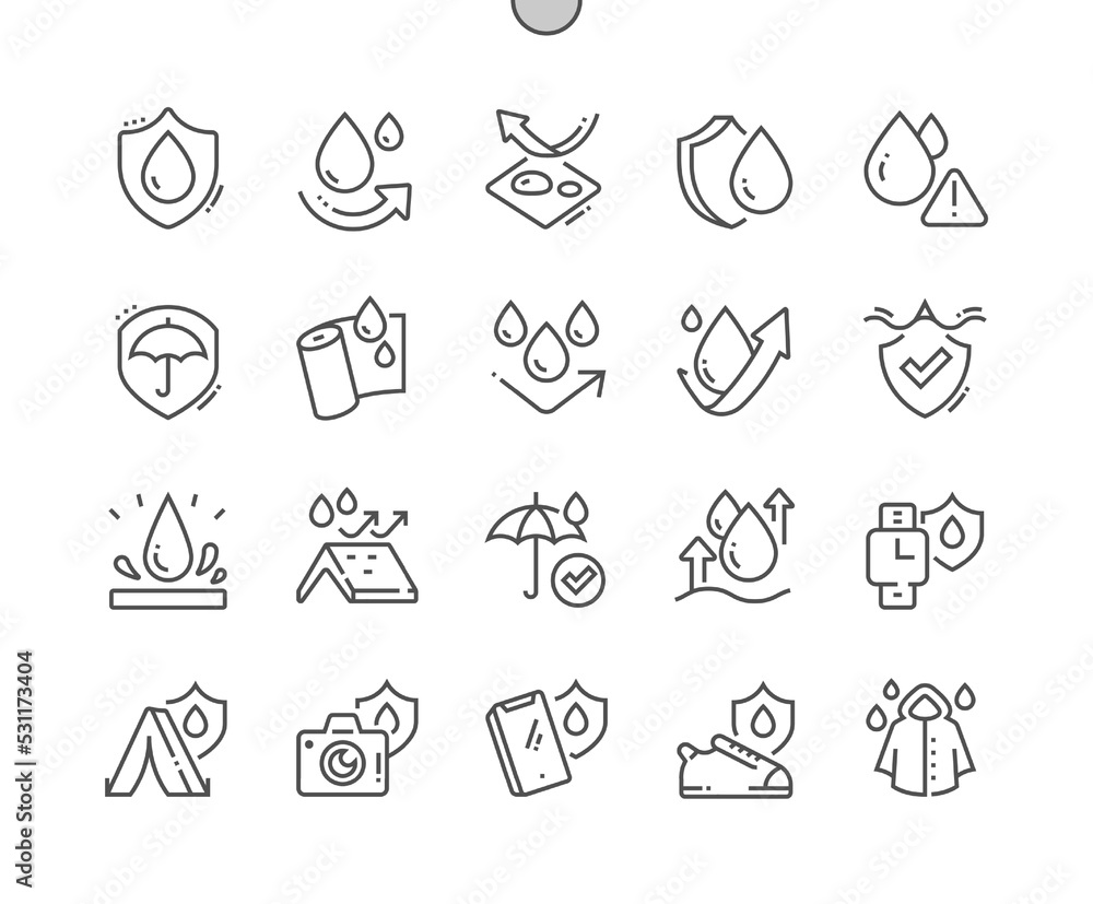 Fototapeta premium Waterproof. Moisture resistant, water drop. Raincoat. Rain protection. Pixel Perfect Vector Thin Line Icons. Simple Minimal Pictogram