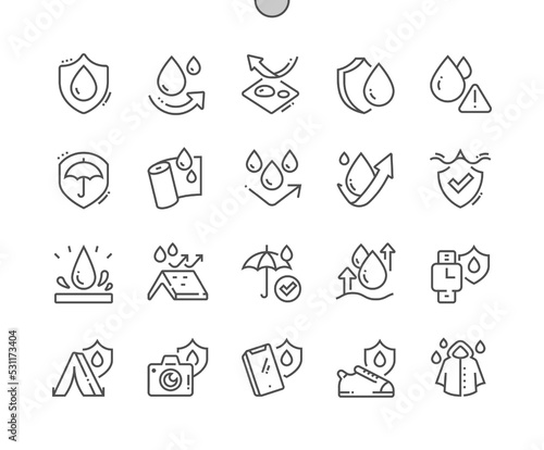 Waterproof. Moisture resistant, water drop. Raincoat. Rain protection. Pixel Perfect Vector Thin Line Icons. Simple Minimal Pictogram