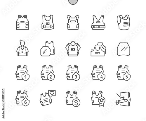 Bulletproof vest. Body armor. Military, police and army safety. Pixel Perfect Vector Thin Line Icons. Simple Minimal Pictogram