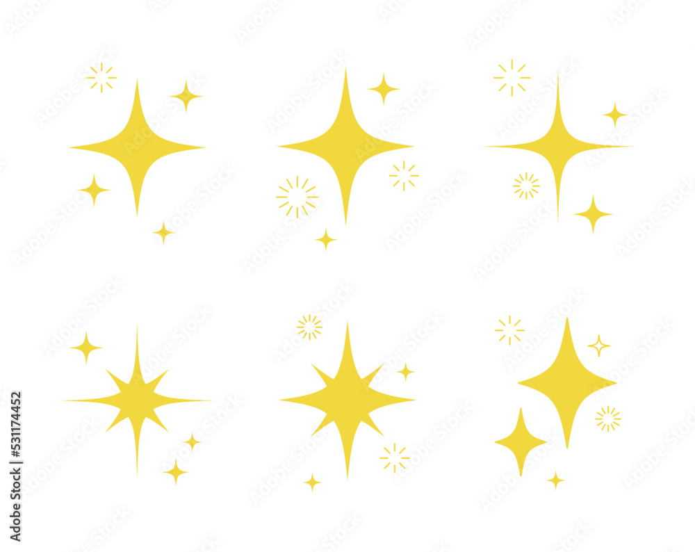 A set of light, star and flame icon illustrations with twinkle twinkle light effect. Stock