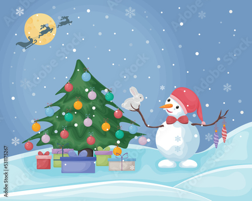 A snowman near the Christmas tree. Cute Christmas illustration with a picture of a snowman standing near a Christmas tree with gifts and holding a white rabbit in his hands. Vector illustration © Anastasiya