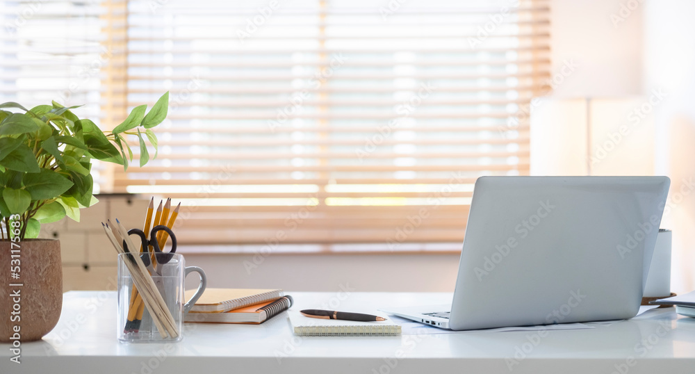Laptop computer, pencil holder, notebooks and houseplant on wooden table in bright home office.