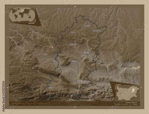 Shumen, Bulgaria. Sepia. Labelled points of cities photo