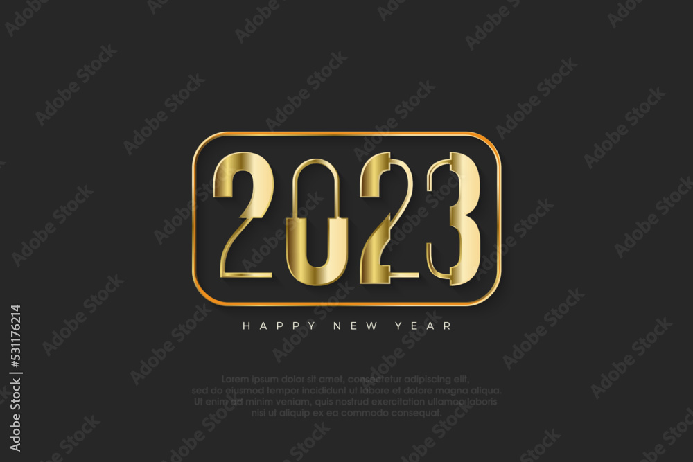 Unique and luxurious happy new year 2023 with shiny gold color.