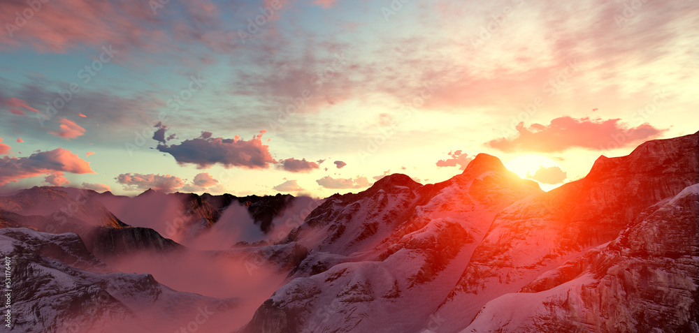 Sunset with beautiful blue sky. 3d render