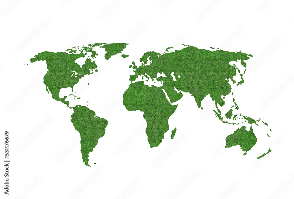 World Map on Green grass texture background. 3D Illustration