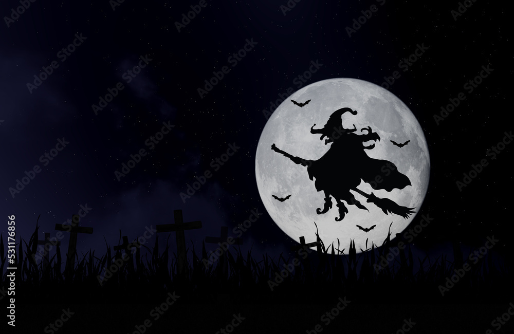 Halloween theme with a witch flying on a broomstick . Halloween Background of a full moon.