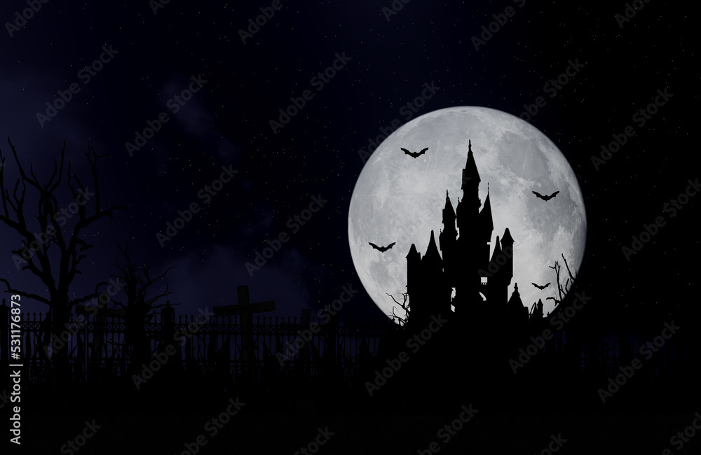 halloween theme with Castle. Halloween Background of a full moon.