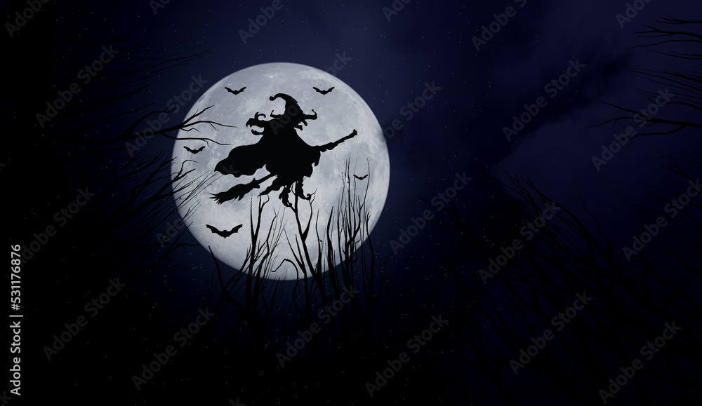 Halloween theme with a witch flying on a broomstick . Halloween Background of a full moon.