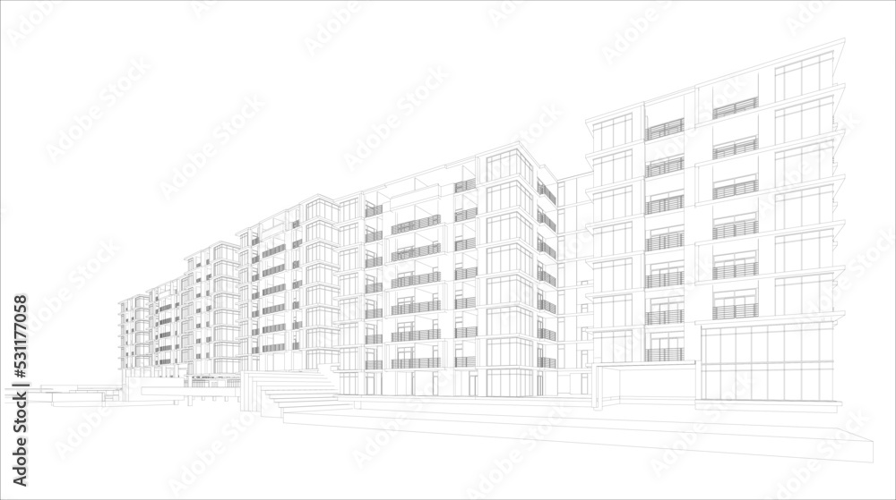 3d wireframe of building. sketch design.Vector 3d wireframe of building. sketch design.Vector
